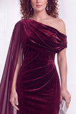 Dark Blue Sheath Ruched One Shoulder Mother Of The Bride Dress with Side Cape