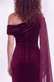 Dark Blue Sheath Ruched One Shoulder Mother Of The Bride Dress with Side Cape