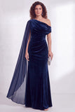 Dark Blue Sheath Ruched One Shoulder Mother Of The Bride Dress with Side Cape