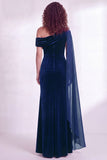 Dark Blue Sheath Ruched One Shoulder Mother Of The Bride Dress with Side Cape