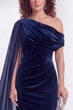 Dark Blue Sheath Ruched One Shoulder Mother Of The Bride Dress with Side Cape