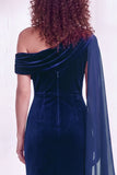 Dark Blue Sheath Ruched One Shoulder Mother Of The Bride Dress with Side Cape