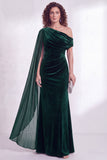 Dark Blue Sheath Ruched One Shoulder Mother Of The Bride Dress with Side Cape
