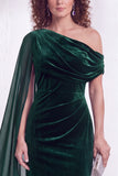 Dark Blue Sheath Ruched One Shoulder Mother Of The Bride Dress with Side Cape
