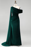 Dark Green Sheath Ruched One Shoulder Mother Of The Bride Dress with Side Cape