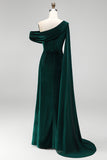 Dark Green Sheath Ruched One Shoulder Mother Of The Bride Dress with Side Cape