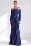 Ruched Mermaid Off the Shoulder Dark Blue Mother Of The Bride Dress with Side Streamer
