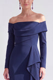 Ruched Mermaid Off the Shoulder Dark Blue Mother Of The Bride Dress with Side Streamer