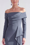 Ruched Mermaid Off the Shoulder Dark Blue Mother Of The Bride Dress with Side Streamer