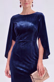 Flutter Sleeves Sheath Dark Blue Mother Of The Bride Dress with Back Zipper