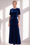 Dark Blue Rhinestone Sheath Velvet Long Mother Of The Bride Dress with Belt