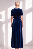 Dark Blue Rhinestone Sheath Velvet Long Mother Of The Bride Dress with Belt