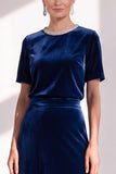 Dark Blue Rhinestone Sheath Velvet Long Mother Of The Bride Dress with Belt