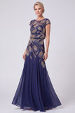Navy Beaded Batueau A-Line Long Mother Of The Bride Dress