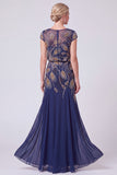 Navy Beaded Batueau A-Line Long Mother Of The Bride Dress