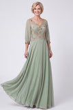Navy Beaded A-Line V-Neck Long Mother Of The Bride Dress with Half Sleeves