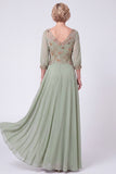 Navy Beaded A-Line V-Neck Long Mother Of The Bride Dress with Half Sleeves