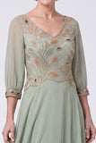 Navy Beaded A-Line V-Neck Long Mother Of The Bride Dress with Half Sleeves