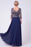 Navy Beaded A-Line V-Neck Long Mother Of The Bride Dress with Half Sleeves