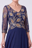 Navy Beaded A-Line V-Neck Long Mother Of The Bride Dress with Half Sleeves