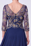 Navy Beaded A-Line V-Neck Long Mother Of The Bride Dress with Half Sleeves