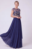 Navy A-Line Illusion Neck Beaded Long Mother Of The Bride Dress