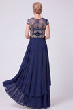 Navy A-Line Illusion Neck Beaded Long Mother Of The Bride Dress