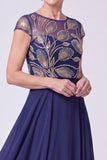 Navy A-Line Illusion Neck Beaded Long Mother Of The Bride Dress