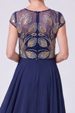 Navy A-Line Illusion Neck Beaded Long Mother Of The Bride Dress
