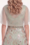 Navy Beaded Cape Sleeves A-Line Long Mother Of The Bride Dress