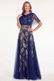 Navy Beaded Cape Sleeves A-Line Long Mother Of The Bride Dress