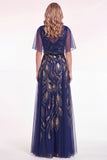 Navy Beaded Cape Sleeves A-Line Long Mother Of The Bride Dress