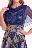 Navy Beaded Cape Sleeves A-Line Long Mother Of The Bride Dress