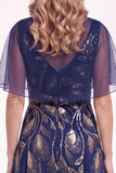 Navy Beaded Cape Sleeves A-Line Long Mother Of The Bride Dress