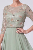 Navy A-Line Illusion Bateau Neck Beaded Long Mother Of The Bride Dress