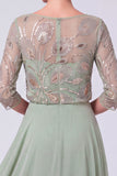 Navy A-Line Illusion Bateau Neck Beaded Long Mother Of The Bride Dress