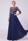 Navy A-Line Illusion Bateau Neck Beaded Long Mother Of The Bride Dress