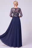 Navy A-Line Illusion Bateau Neck Beaded Long Mother Of The Bride Dress