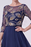 Navy A-Line Illusion Bateau Neck Beaded Long Mother Of The Bride Dress