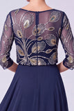 Navy A-Line Illusion Bateau Neck Beaded Long Mother Of The Bride Dress