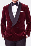 Burgundy 2 Piece Velvet Shawl Lapel Double Breasted Men's Prom Suits