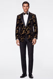 Black Golden 2 Piece Peak Lapel Jacquard Single Breasted Men's Prom Suits