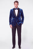 Blue 2 Piece Velvet Floral Jacquard Shawl Lapel Single Breasted Men's Prom Suits