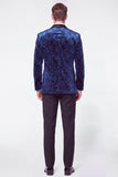 Blue 2 Piece Velvet Floral Jacquard Shawl Lapel Single Breasted Men's Prom Suits