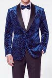 Blue 2 Piece Velvet Floral Jacquard Shawl Lapel Single Breasted Men's Prom Suits