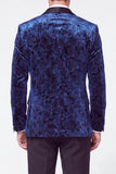 Blue 2 Piece Velvet Floral Jacquard Shawl Lapel Single Breasted Men's Prom Suits