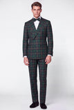 Green Grid 2 Piece Peak Lapel Double Breasted Men's Prom Suits