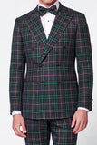 Green Grid 2 Piece Peak Lapel Double Breasted Men's Prom Suits