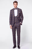 3 Piece Grey Grid Shawl Lapel Single Breasted Men's Prom Suits