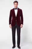Burgundy 2 Piece Peak Lapel Single Breasted Velvet Men's Prom Suits